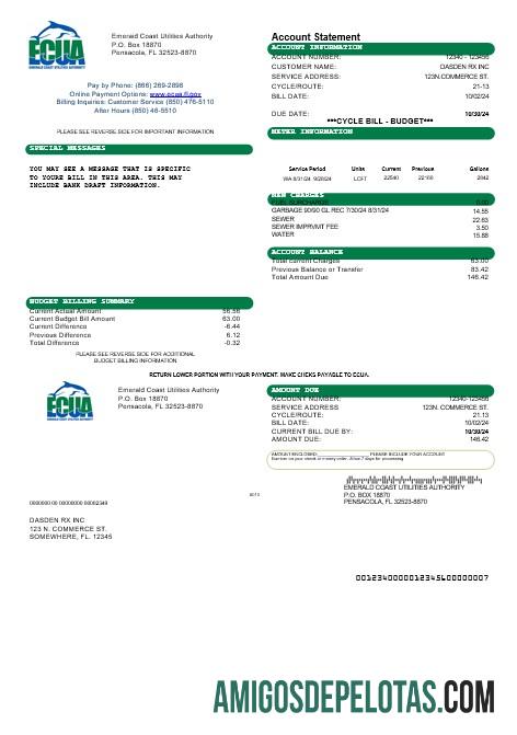 Em branco modelo de conta de serviços públicos da ECUA dos EUA em formatos Word e PDF